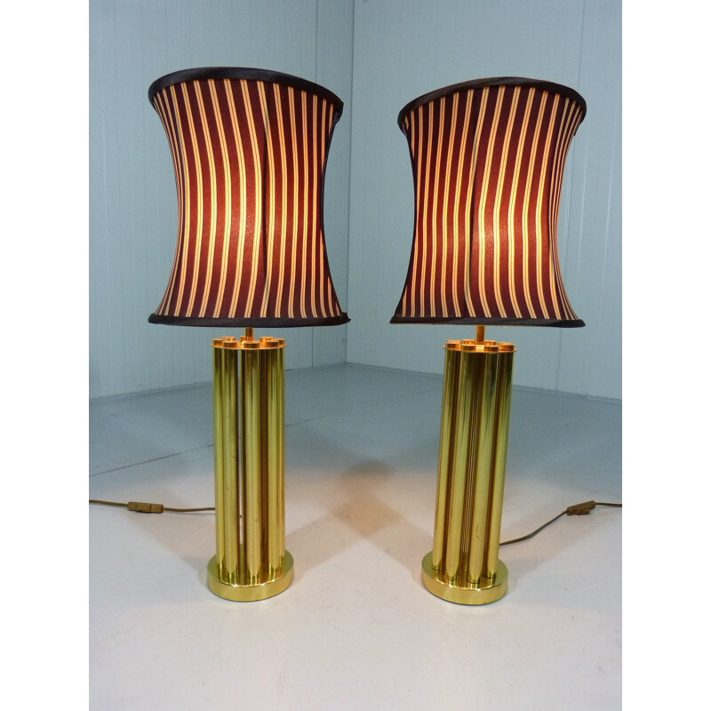 Set of 2 brass table lamps in brown and beige - 1960s