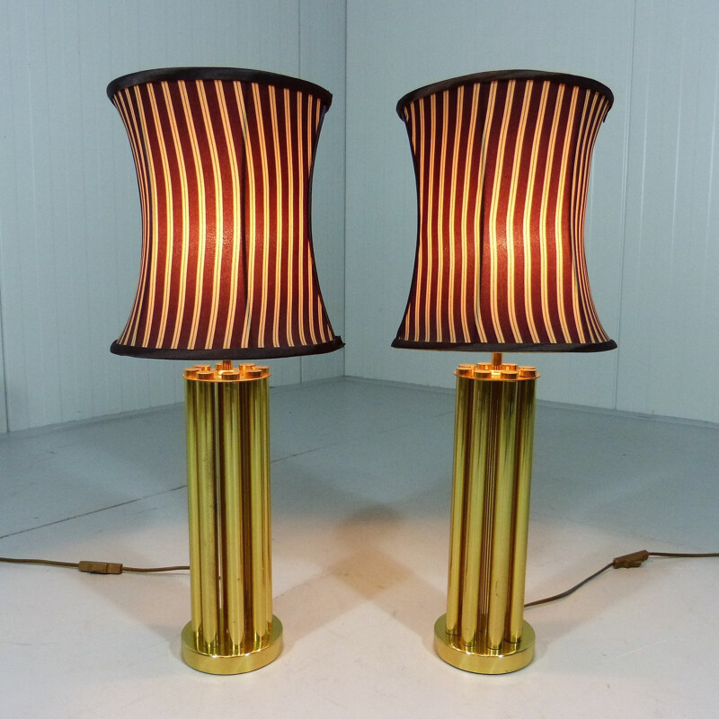 Set of 2 brass table lamps in brown and beige - 1960s