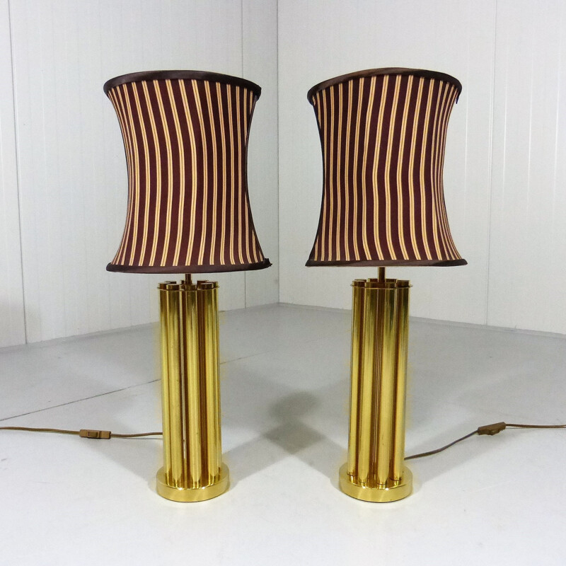 Set of 2 brass table lamps in brown and beige - 1960s