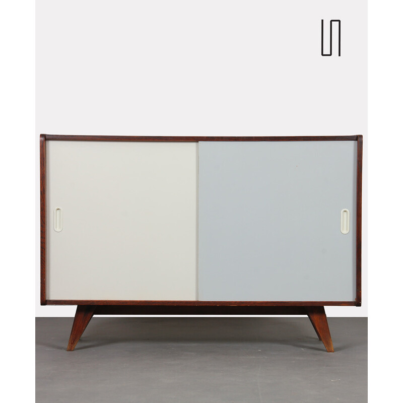 Vintage dark oakwood chest of drawers model U-452 with colored sliding doors by Jiri Jiroutek for Interier Praha, 1960