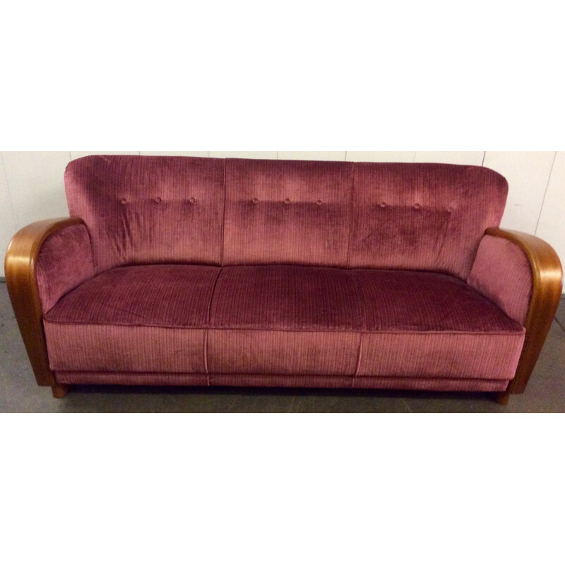 Red danish teak and velvet three-seater sofa - 1960s