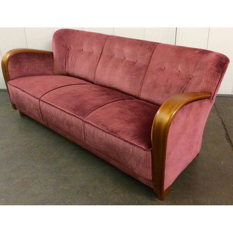 Red danish teak and velvet three-seater sofa - 1960s