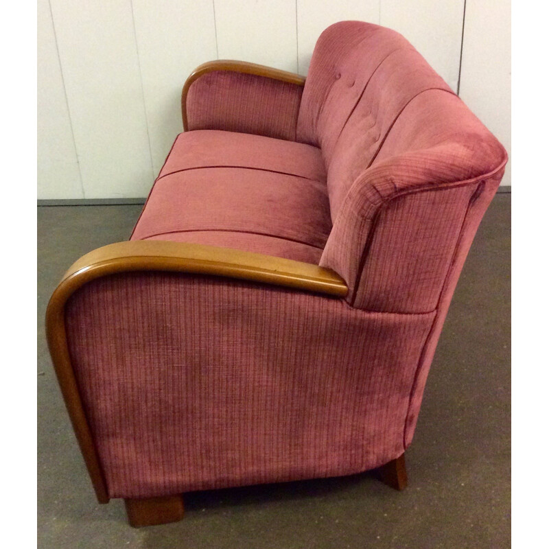 Red danish teak and velvet three-seater sofa - 1960s