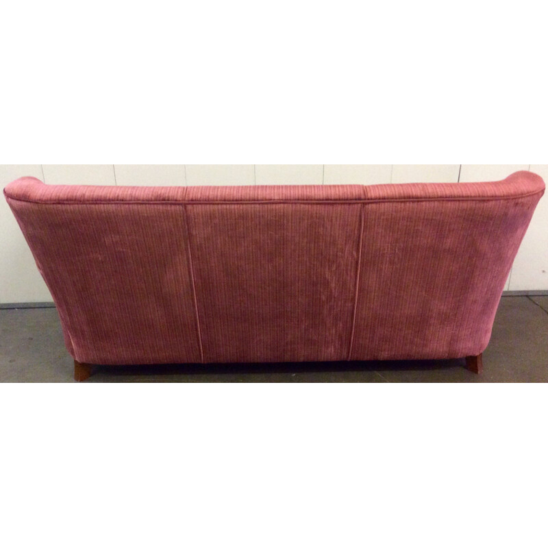 Red danish teak and velvet three-seater sofa - 1960s