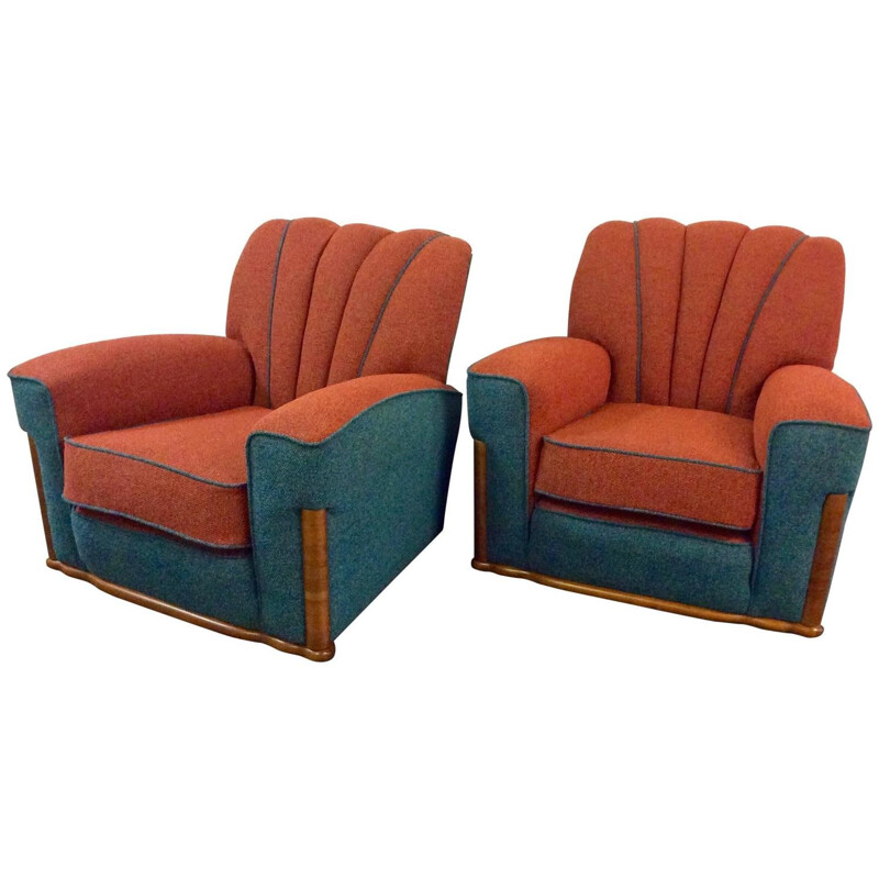 Pair of walnut and green tweed armchairs - 1930s