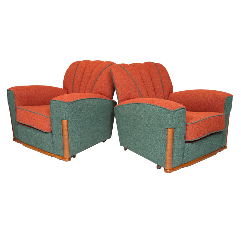 Pair of walnut and green tweed armchairs - 1930s