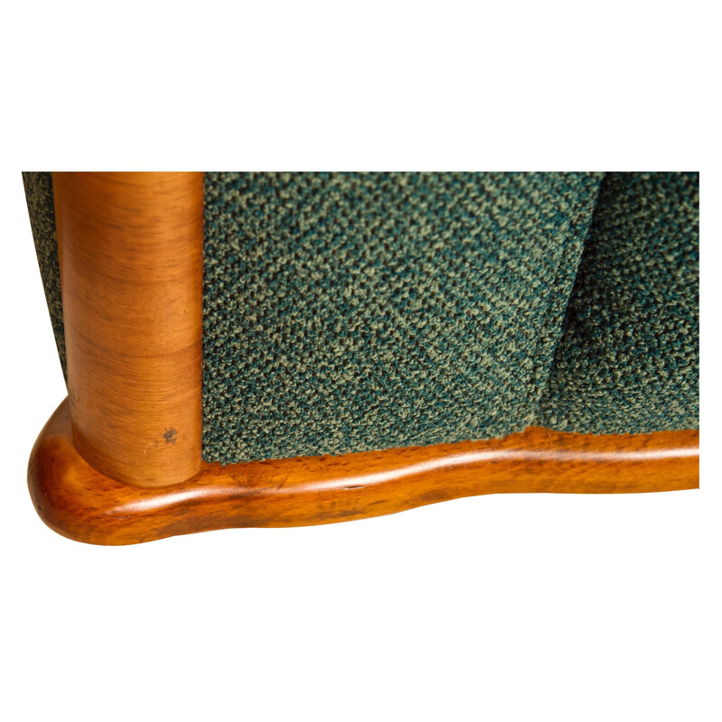 Two-seater green tweed and walnut sofa - 1930s