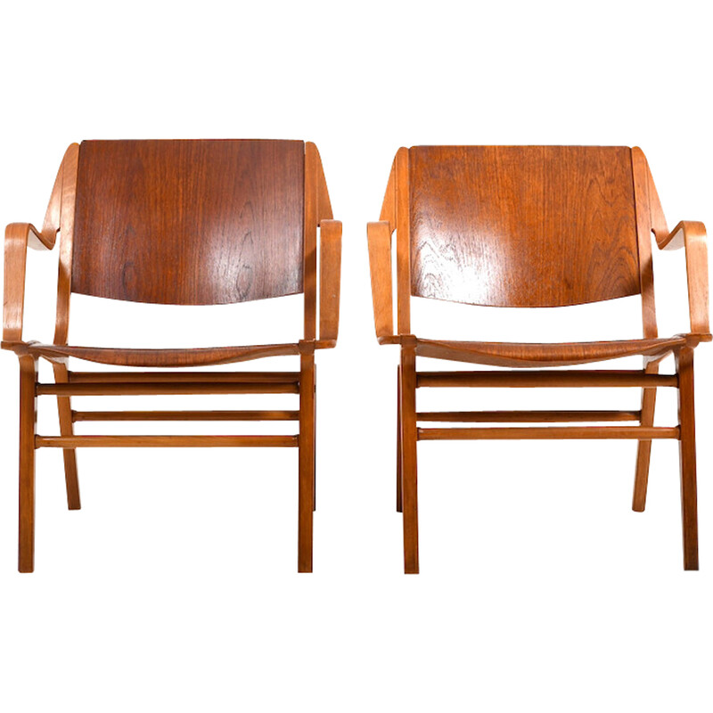 Paar vintage teakhouten Ax stoelen van Orla Mølgaard en Peter Hvidt voor Fritz Hansen, 1950