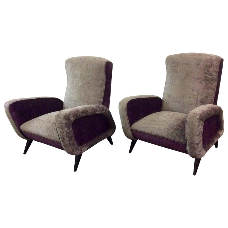 Pareja de sillones vintage de terciopelo morado, Italia 1960