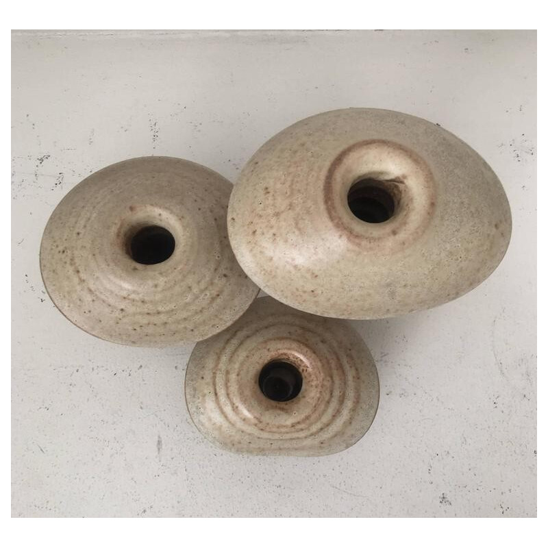 Set of 3 vintage beige ceramic mushroom sculptures by Freek Berends, 1980