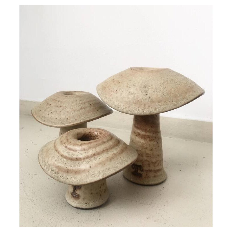 Ensemble de 3 sculptures champignons vintage en céramique beige de Freek Berends, 1980