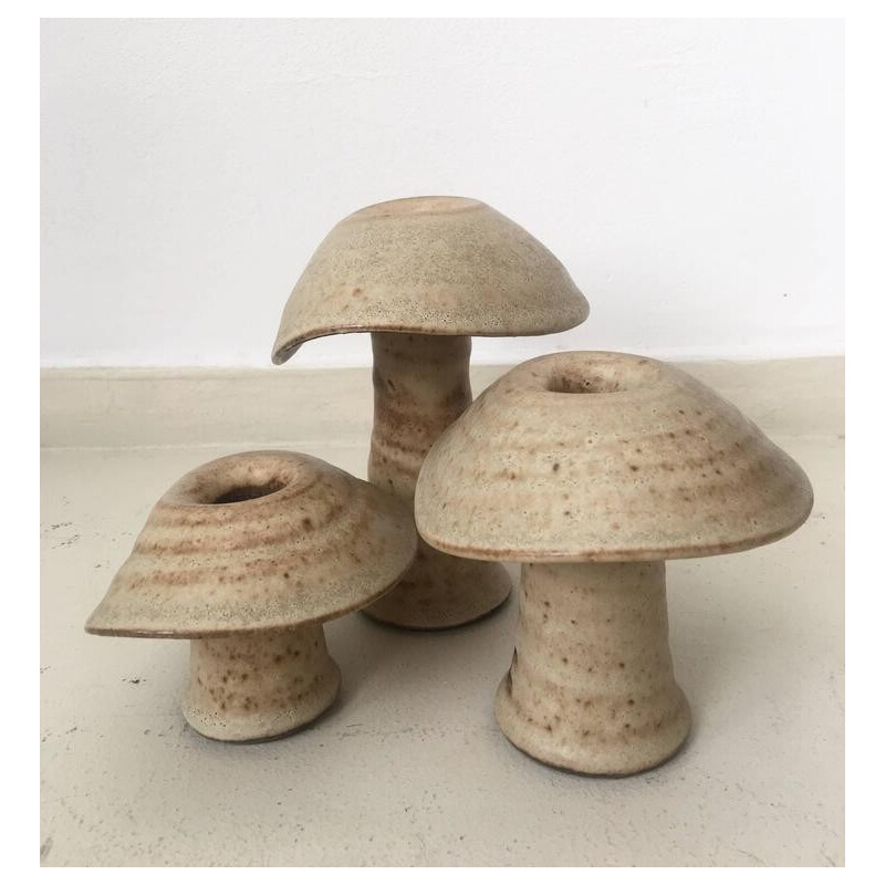 Set of 3 vintage beige ceramic mushroom sculptures by Freek Berends, 1980