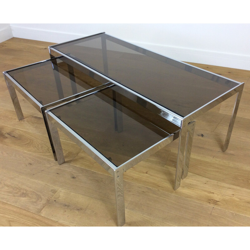 Merrow Associates grey chromium steel and glass set of 3 nesting tables - 1970s