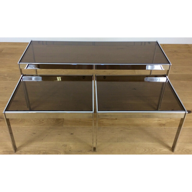 Merrow Associates grey chromium steel and glass set of 3 nesting tables - 1970s