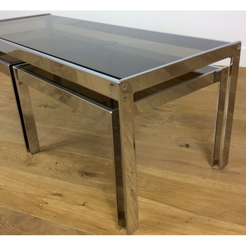 Merrow Associates grey chromium steel and glass set of 3 nesting tables - 1970s