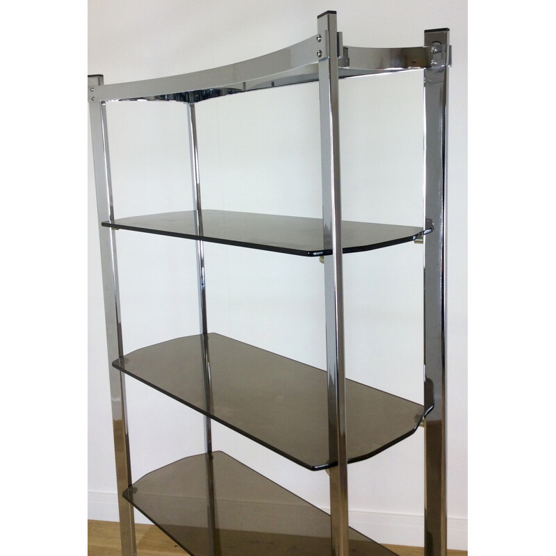 Merrow Associates grey chromium steel and glass shelving unit - 1970s