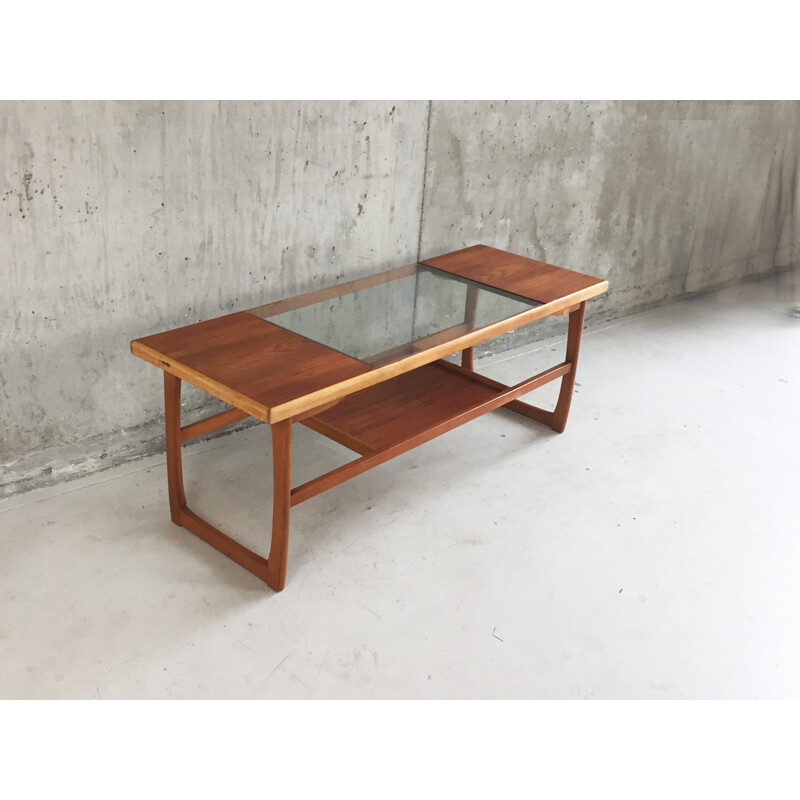 Table basse vintage à 2 niveaux avec plateau en verre - 1970