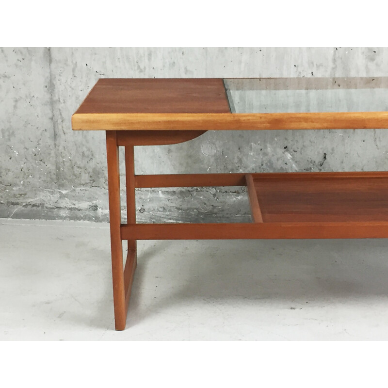 Table basse vintage à 2 niveaux avec plateau en verre - 1970