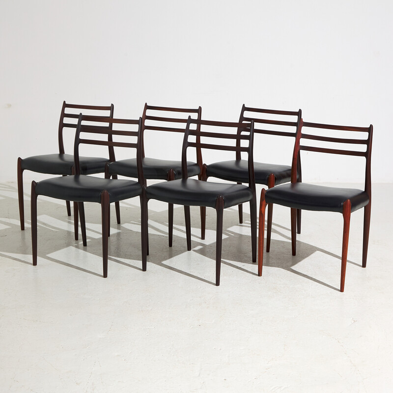 Conjunto de 6 cadeiras de jantar vintage modelo 78 de pau-rosa de Niels O. Møller para J.L. Møllers, década de 1960