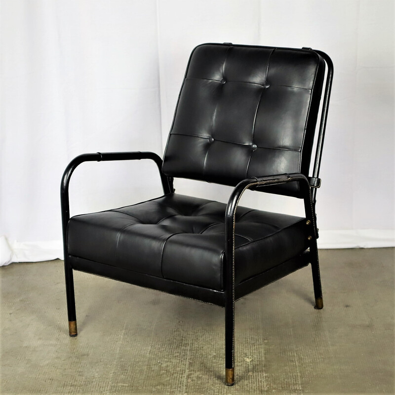 Vintage black leather armchair by Jacques Adnet, 1950