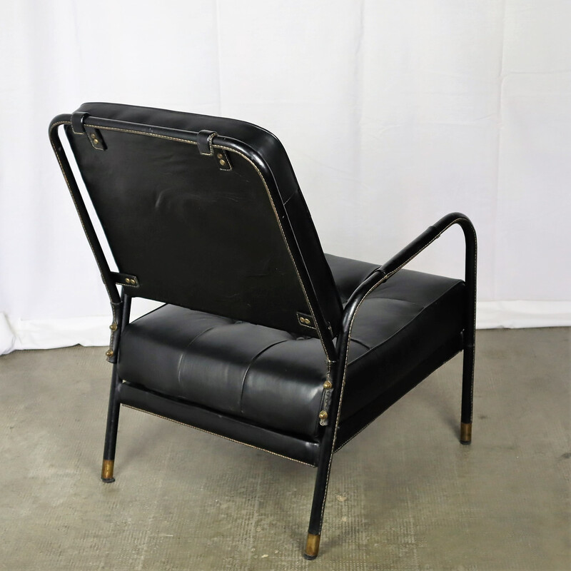 Vintage zwart lederen fauteuil van Jacques Adnet, 1950