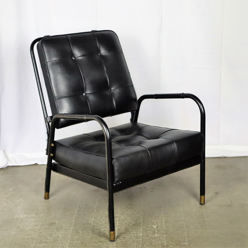 Vintage-Sessel aus schwarzem Leder von Jacques Adnet, 1950