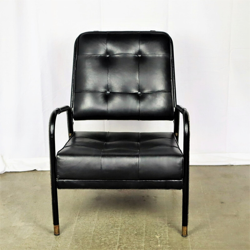 Vintage zwart lederen fauteuil van Jacques Adnet, 1950