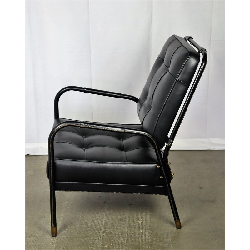 Vintage zwart lederen fauteuil van Jacques Adnet, 1950