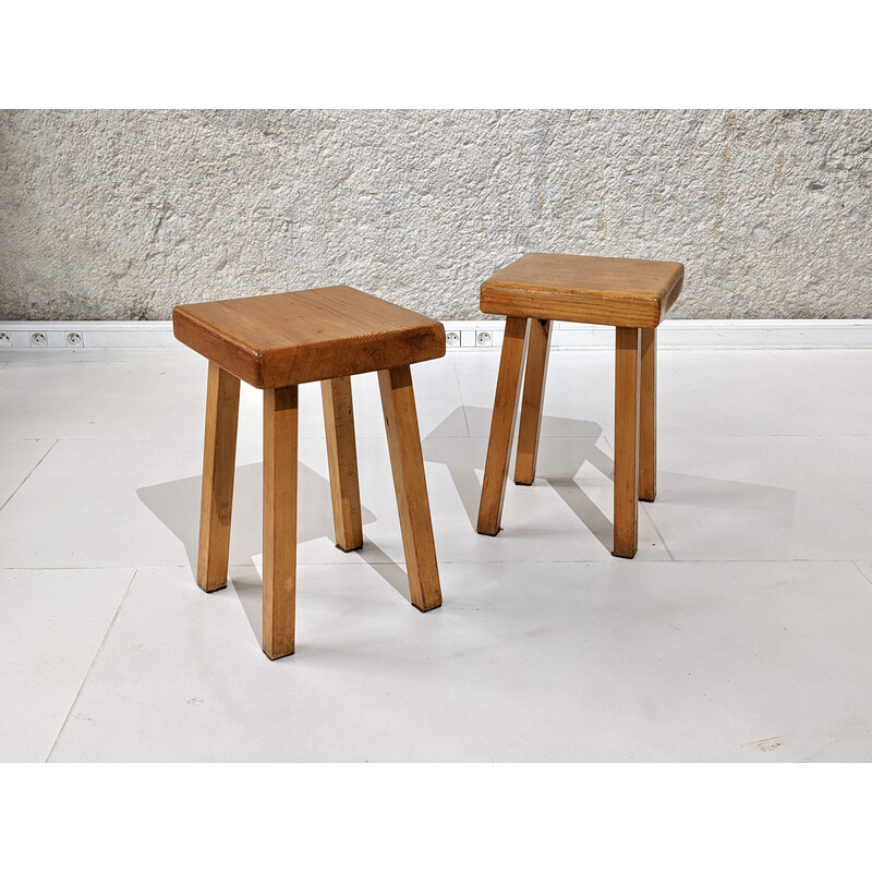 Set of 4 vintage stools in pine wood, selected by Charlotte Perriand for Les Arcs 1960