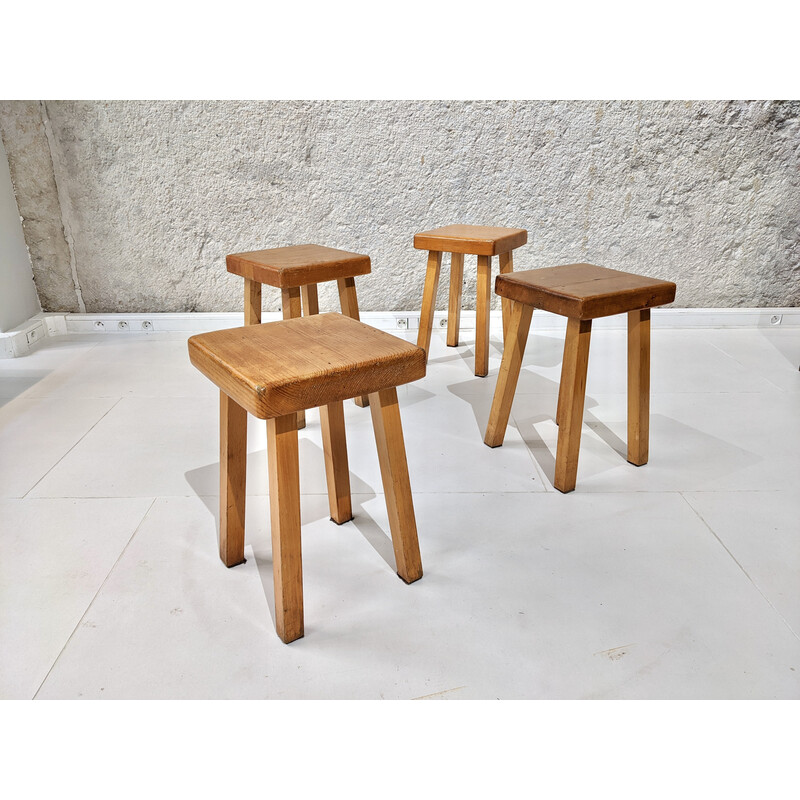 Set of 4 vintage stools in pine wood by Charlotte Perriand for Les Arcs, 1800
