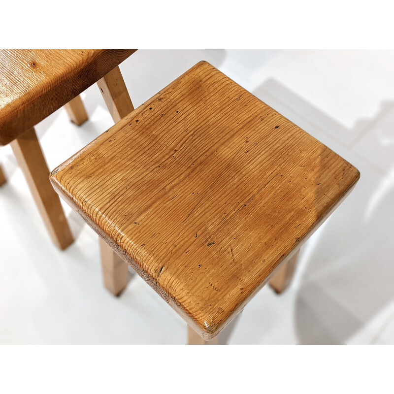 Set of 4 vintage stools in pine wood, selected by Charlotte Perriand for Les Arcs 1960