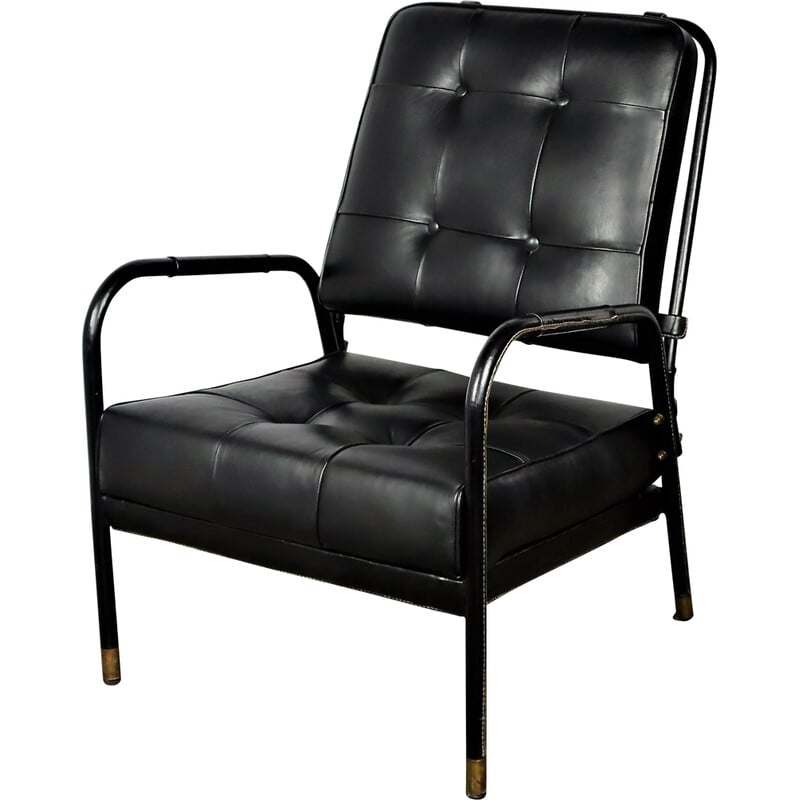 Vintage black leather armchair by Jacques Adnet, 1950