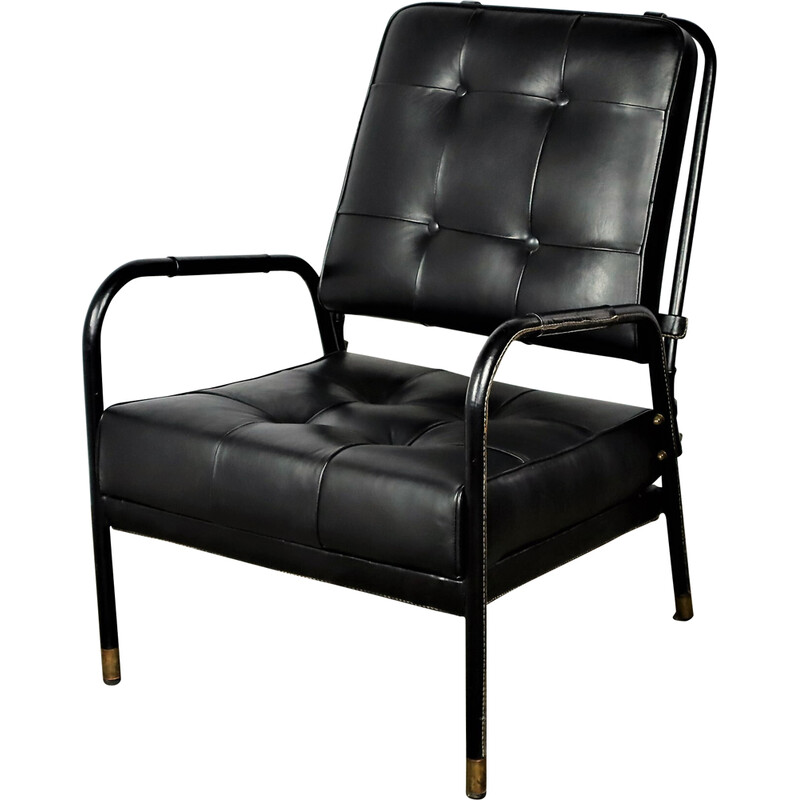Vintage-Sessel aus schwarzem Leder von Jacques Adnet, 1950