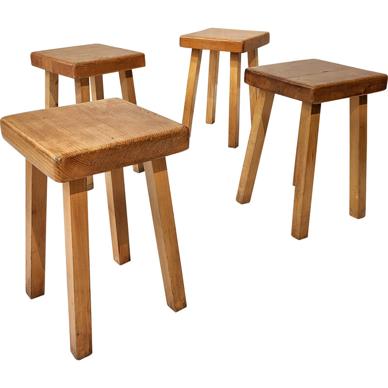 Set of 4 vintage stools in pine wood, selected by Charlotte Perriand for Les Arcs 1960