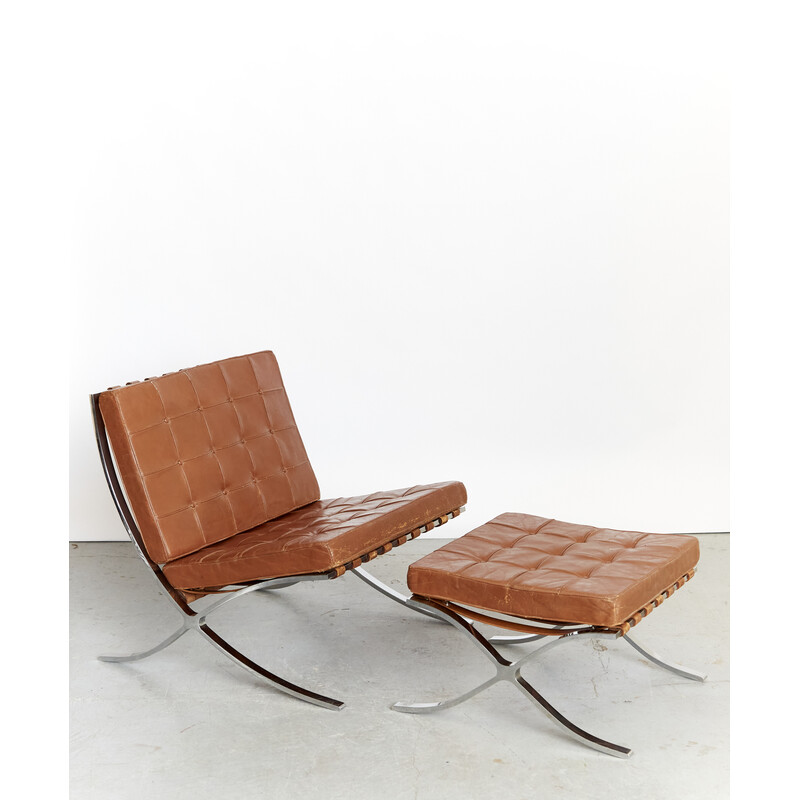 Mr90 Barcelona vintage fauteuil en voetenbank van Ludwig Mies van der Rohe voor Knoll International