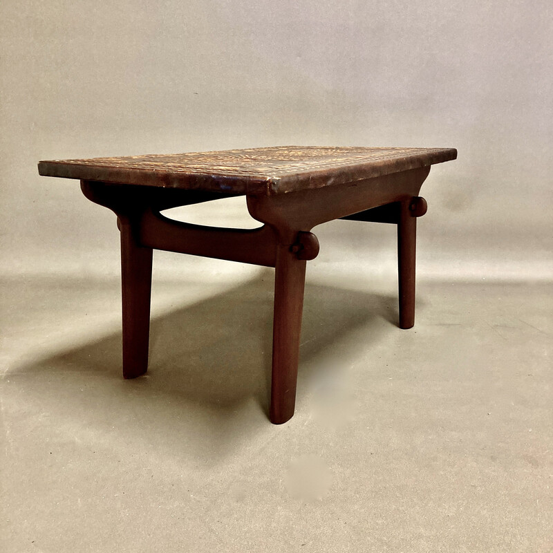 Mesa de café em madeira e couro Vintage de Angel Pazmino, 1960