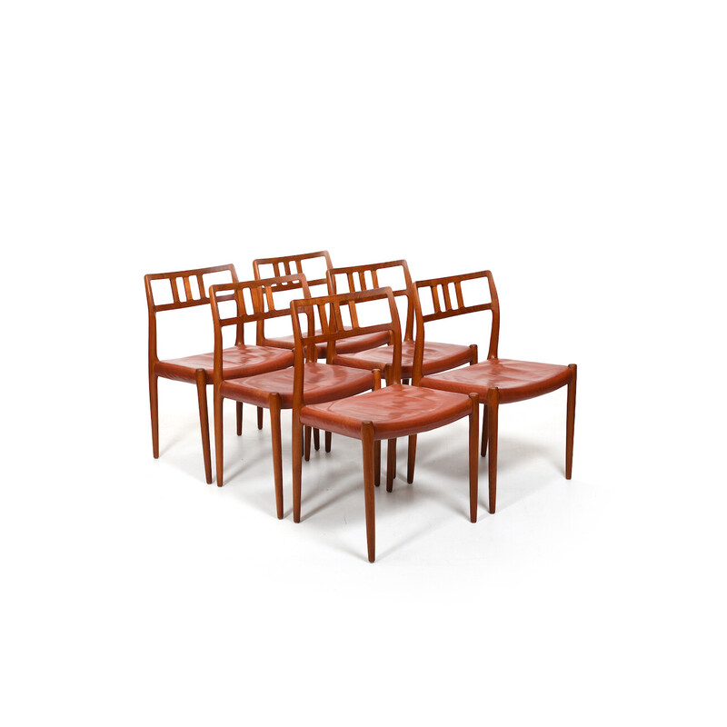 Set of 6 vintage teak and Indian red leather chairs by Niels O. Møller, 1960s