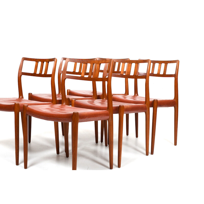Set of 6 vintage teak and Indian red leather chairs by Niels O. Møller, 1960s