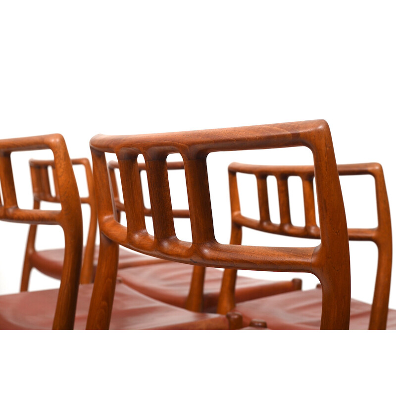 Set of 6 vintage teak and Indian red leather chairs by Niels O. Møller, 1960s