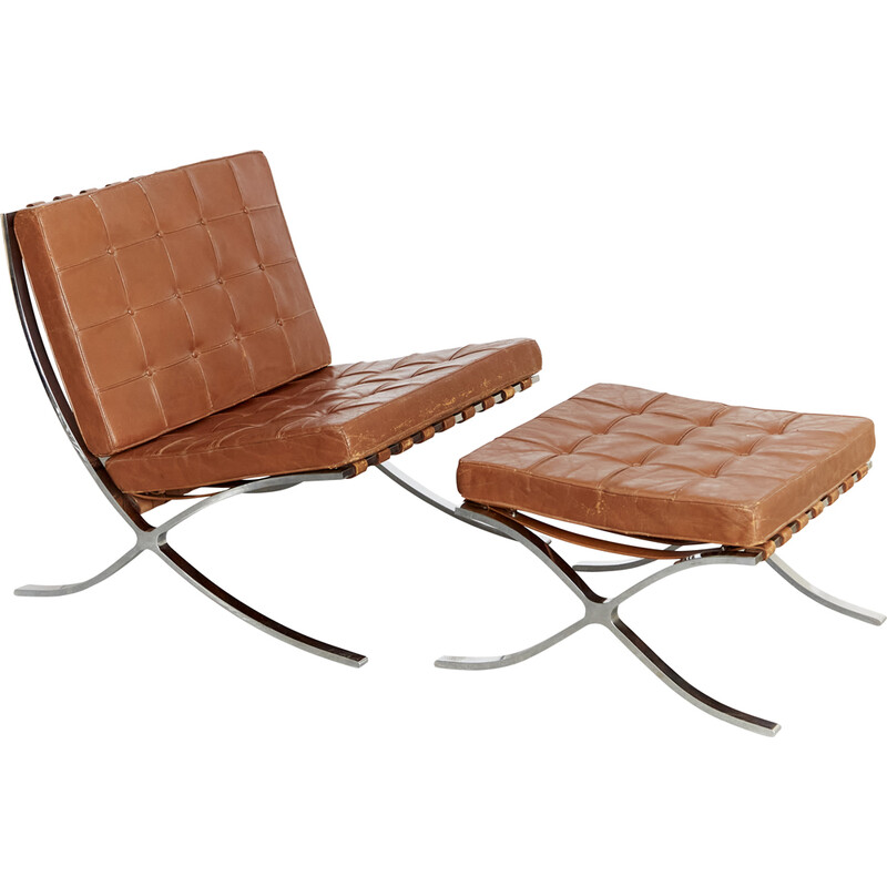 Vintage Mr90 Barcelona armchair and ottoman by Ludwig Mies van der Rohe for Knoll International