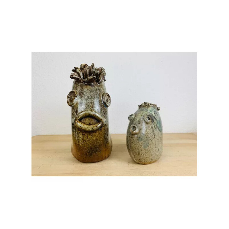 Pair of vintage vases with zoomorphic flowers by Alexandre Kostanda