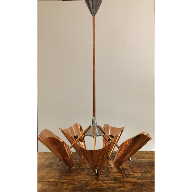 Drupol copper and chrome-plated steel five-armed chandelier - 1960