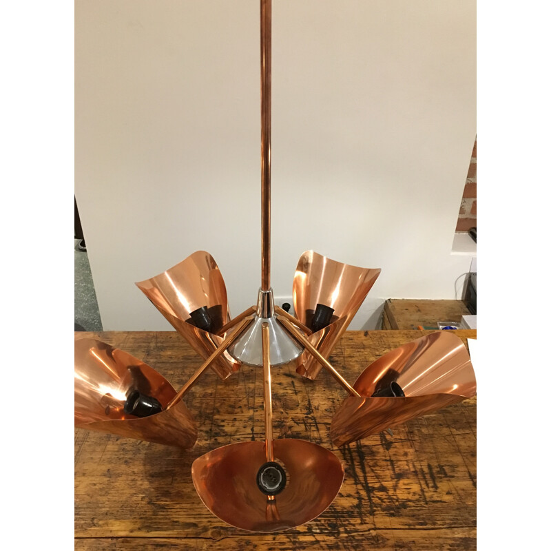 Drupol copper and chrome-plated steel five-armed chandelier - 1960