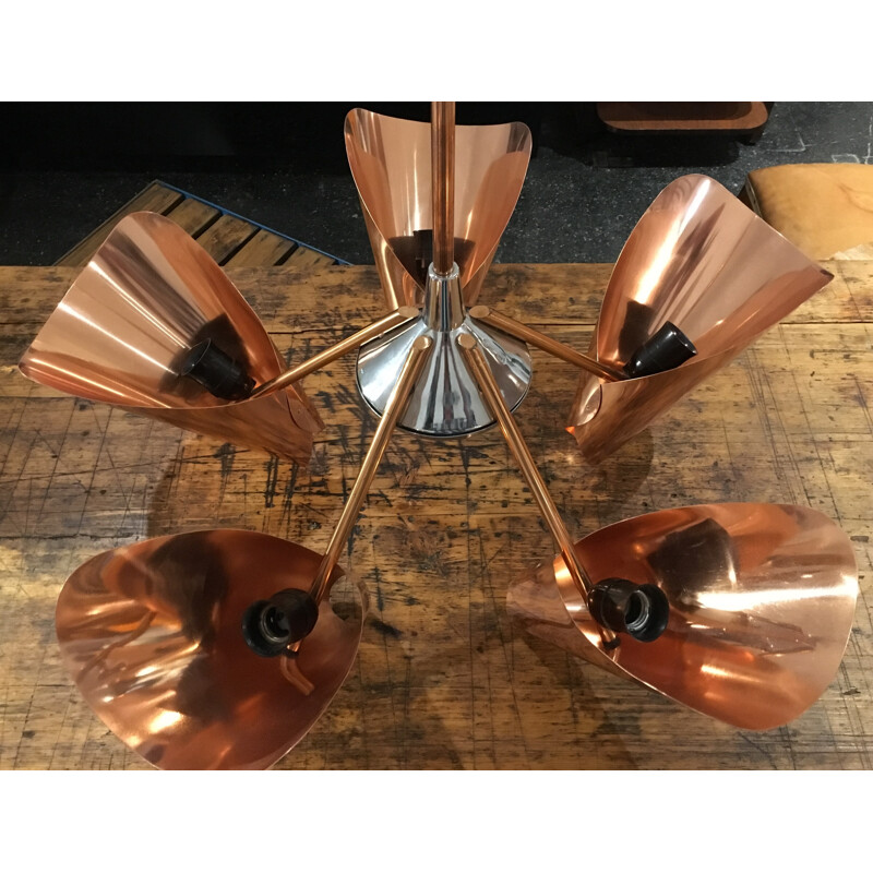 Drupol copper and chrome-plated steel five-armed chandelier - 1960