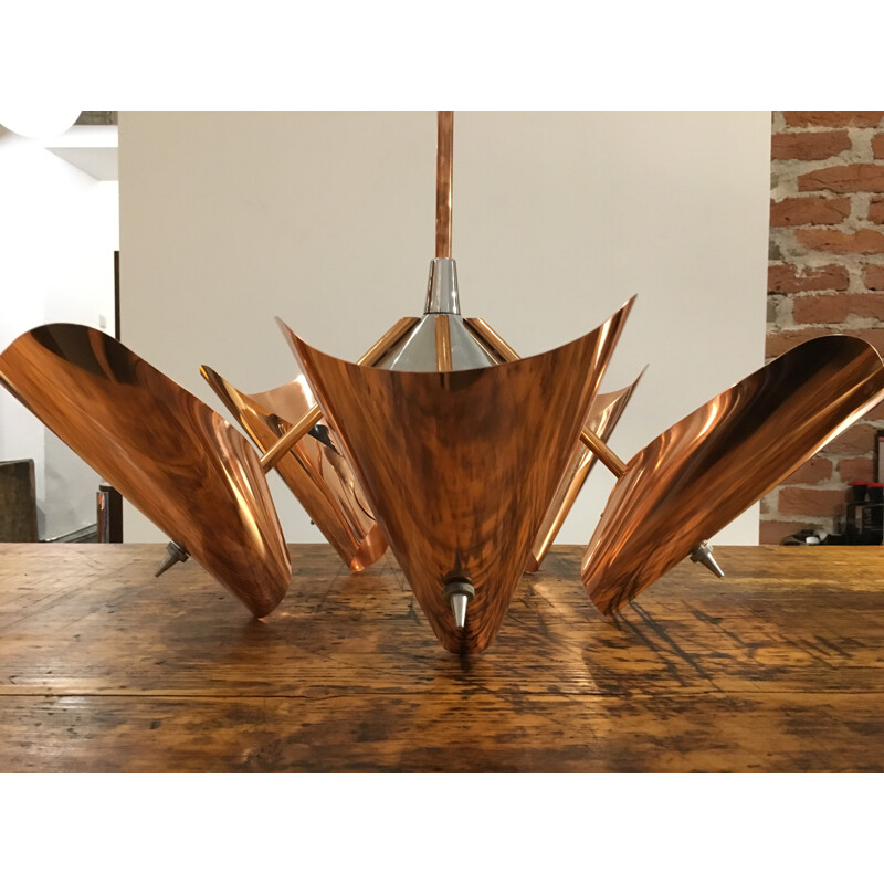 Drupol copper and chrome-plated steel five-armed chandelier - 1960