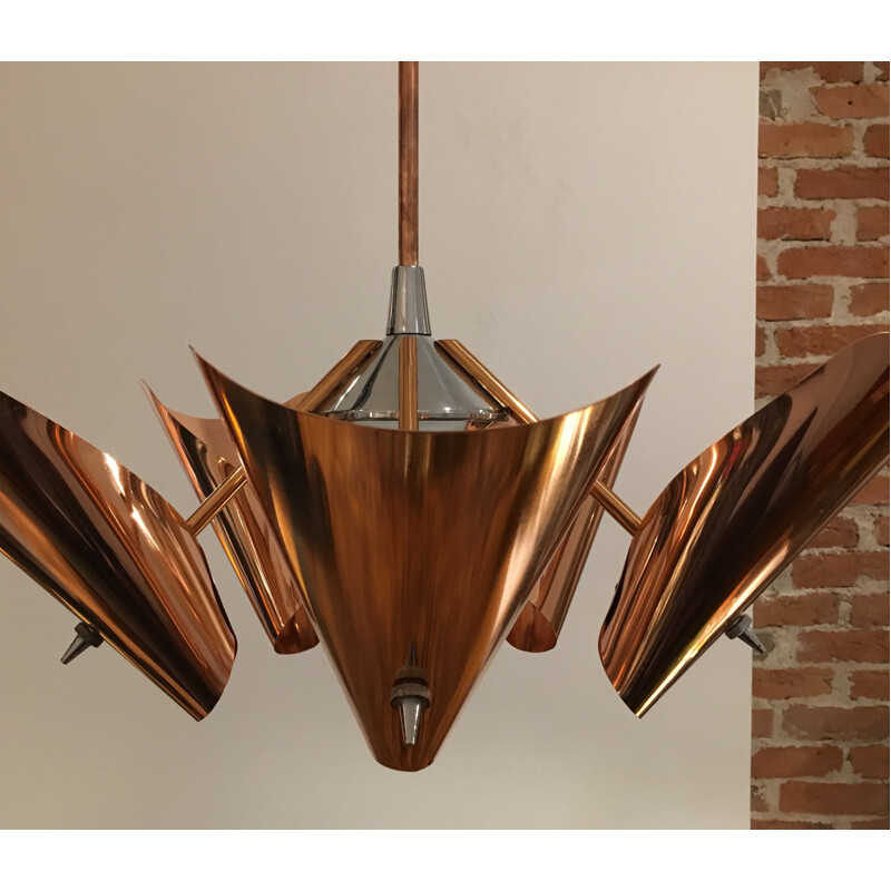 Drupol copper and chrome-plated steel five-armed chandelier - 1960