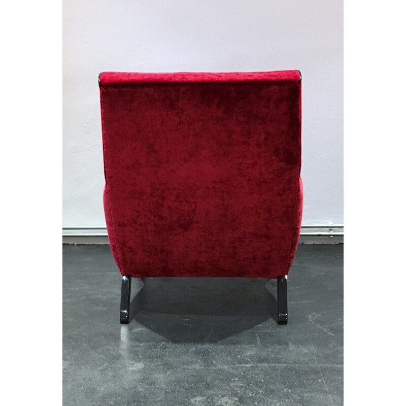 Mid-century red lounge chair with ottoman in velvet and wood - 1950s