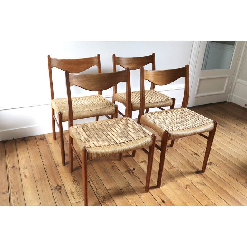 Set of 4 Scandinavian vintage teak and rope chairs by Arne Wahl Iversen for Glyngore Stolefabrik