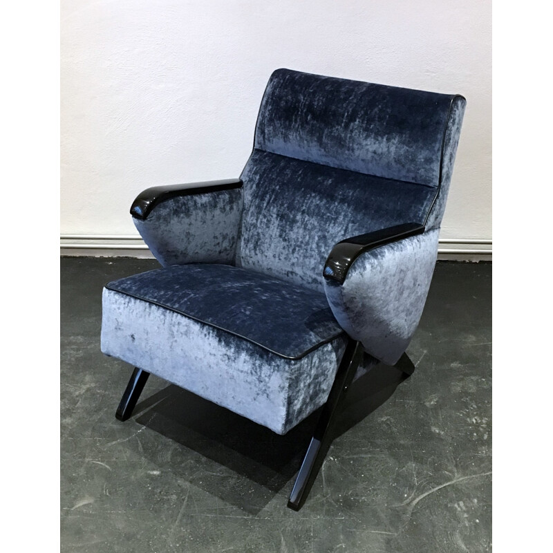 Fauteuil et ottoman vintage bleus en velours et bois - 1950