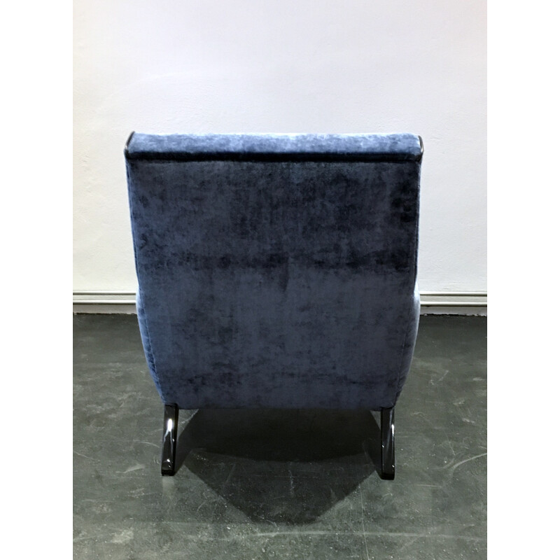 Fauteuil et ottoman vintage bleus en velours et bois - 1950